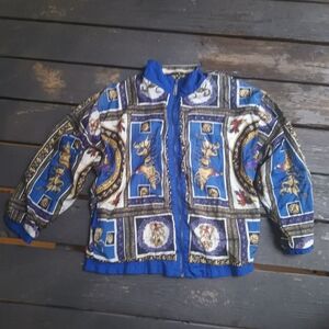 Vintage 80's Adolfo Sport Blue and Gold Satin Track Jacket Women's Size Small